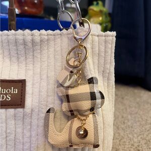 Cat Keychain Purse Charm Plaid Cream Black Cute Bag Accessory Gift